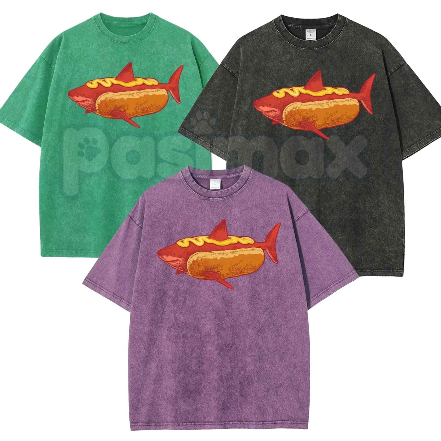Shark Hotdog Funny Food Meme T-Shirt – Retro Weirdcore Graphic Tee, Vintage Washed Lightweight Cotton Unisex Streetwear Top-Pasimax