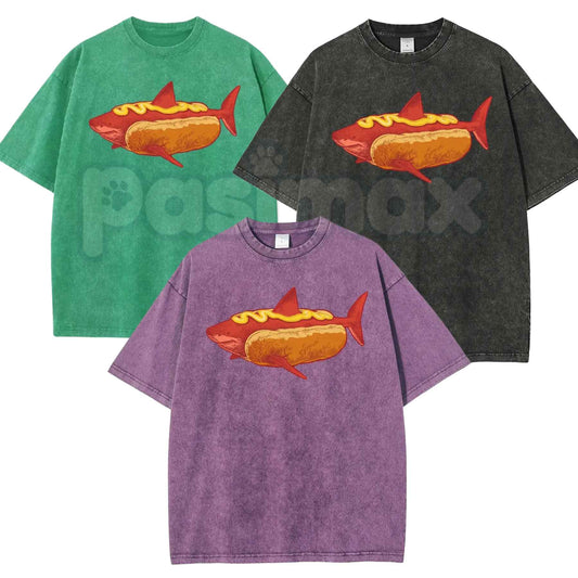 Shark Hotdog Funny Food Meme T-Shirt – Retro Weirdcore Graphic Tee, Vintage Washed Lightweight Cotton Unisex Streetwear Top-Pasimax