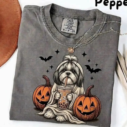 Comfort Colors® Pepper Dog Ghost & Boba Tea Halloween T-Shirt – Custom Dog Breeds Spooky Season Graphic Tee, Vintage Pet Lover Unisex Top