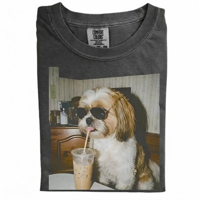 Comfort Colors® Custom Dog Breeds Drinking Iced Coffee T-Shirt – Vintage 90s Funny Edgy Dog Meme Tee, Aesthetic Coffee Lover Dog Mom Gift Shirt