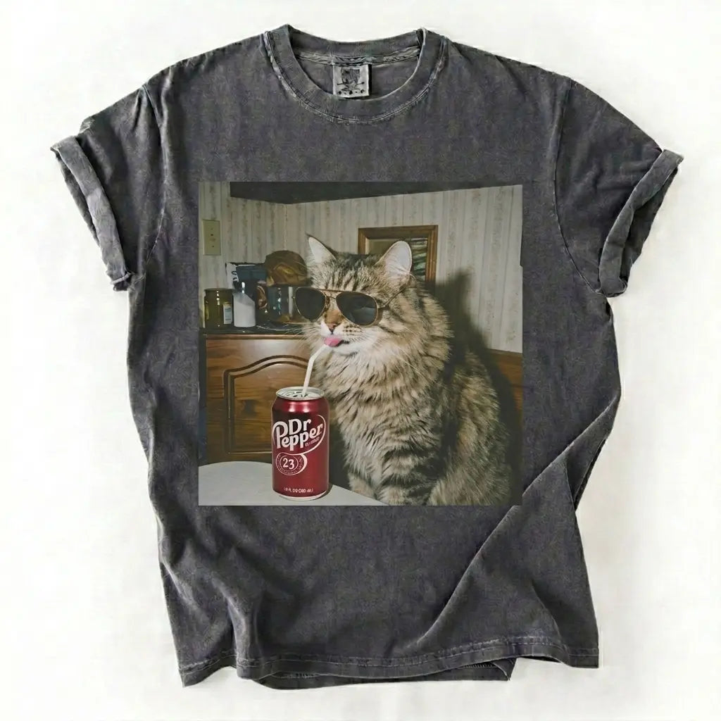 Comfort Colors® Vintage Cat Breeds Drinking Soda T-Shirt – Retro 90s Funny Edgy Cat Meme Graphic Tee, Aesthetic Quirky Animal Lover Unisex Top