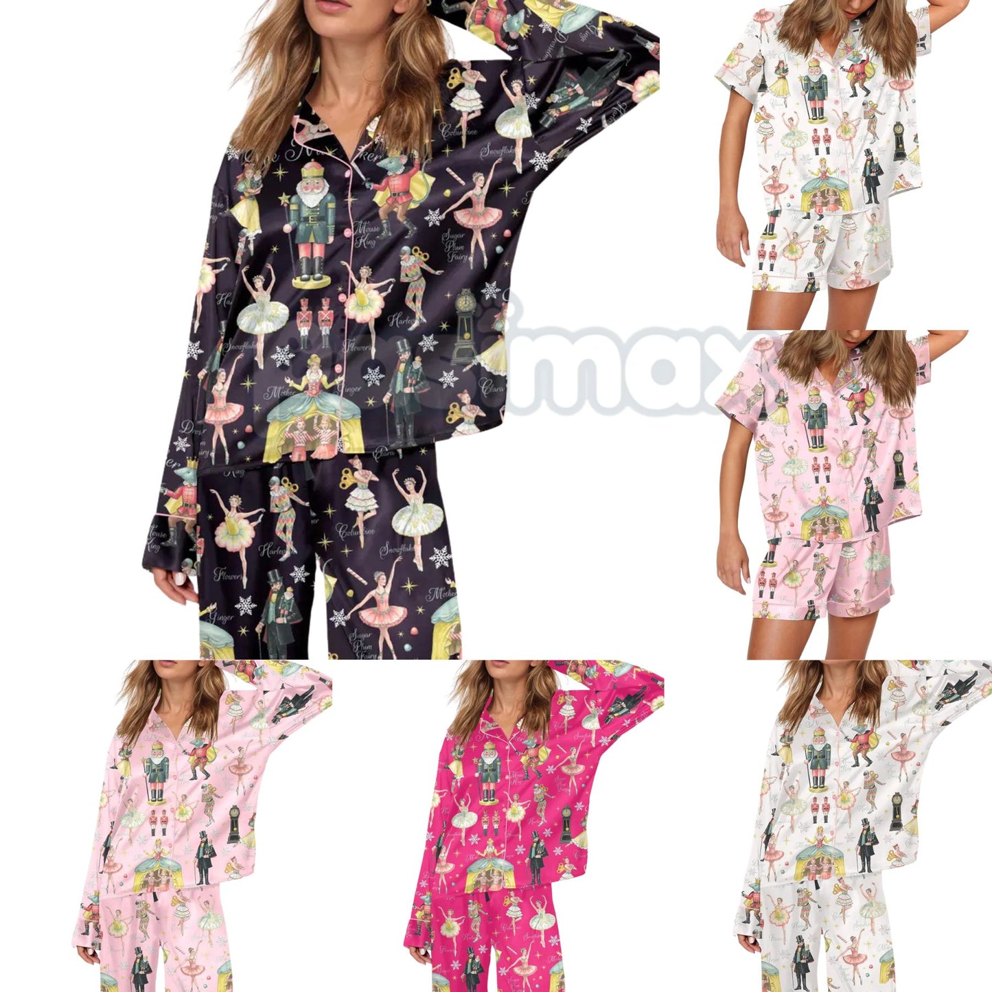 Silky Nutcracker Christmas Pajama Set for Women - Elegant Ballet Print Loungewear & Holiday Sleepwear-Pasimax
