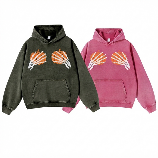 Skeleton Hands Holding Pumpkins Gothic Hoodie – Playful Meme Halloween Aesthetic Washed Pullover-Pasimax