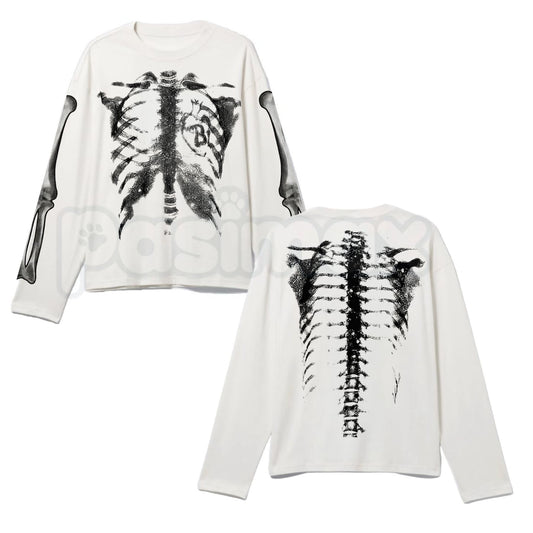Skeleton Ribcage X-Ray Long Sleeve T-Shirt | Edgy Goth Anatomical Graphic Top-Pasimax