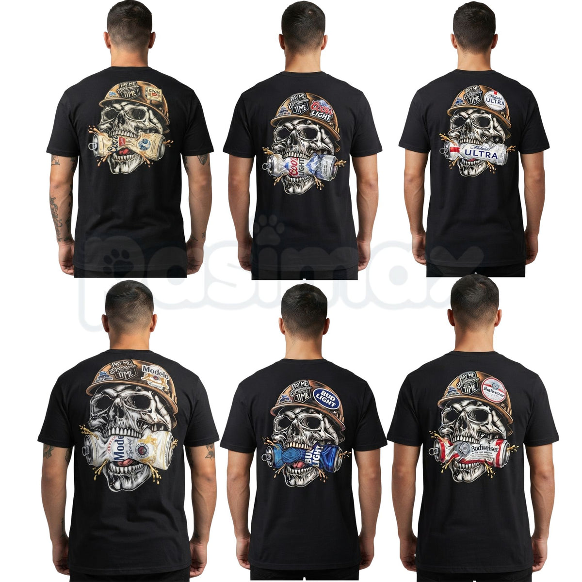 Skull Hard Hat Beer Can Back Print T-Shirt – Blue Collar Biker Graphic Tee-Pasimax