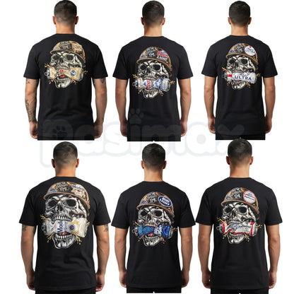 Skull Hard Hat Beer Can Back Print T-Shirt – Blue Collar Biker Graphic Tee-Pasimax