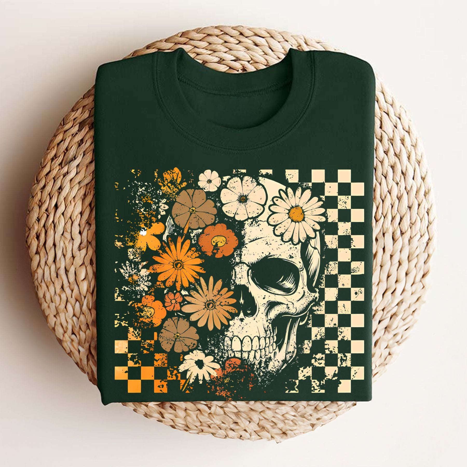 Skull and Flowers T-Shirt - Vintage Halloween Graphic Tee, Retro Oversized Streetwear Shirt-Pasimax