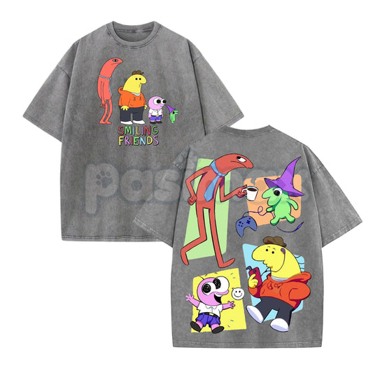 Smiling Friends Washed Cotton Shirt – Retro Season 3 Graphic Tee, Vintage Oversized Animation Merch-Pasimax
