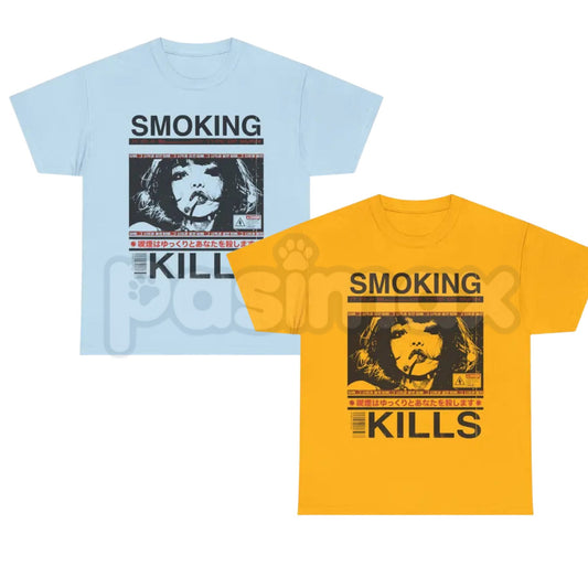 "Smoking Kills" Retro Manga Style T-Shirt – 90s Aesthetic Anime Graphic Tee, Premium 100% Cotton Cyber-Noir Top, Soft Lived-In Heavyweight Edgy Streetwear Shirt, Made in USA-Pasimax