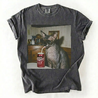 Comfort Colors® Vintage Cat Breeds Drinking Soda T-Shirt – Retro 90s Funny Edgy Cat Meme Graphic Tee, Aesthetic Quirky Animal Lover Unisex Top