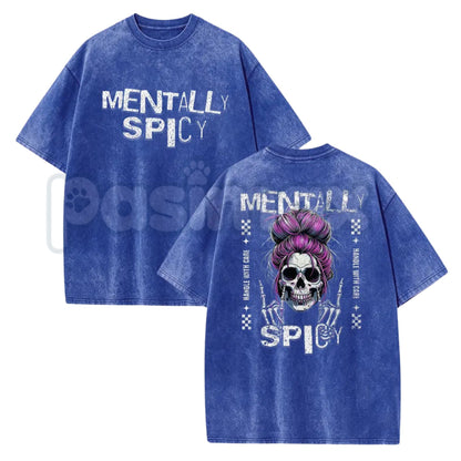 Spicy Brain Skull T-Shirt – Funny Neurospicy Mental Health Graphic Tee, Vintage Washed Edgy Skeleton Lightweight Cotton Meme Top-Pasimax