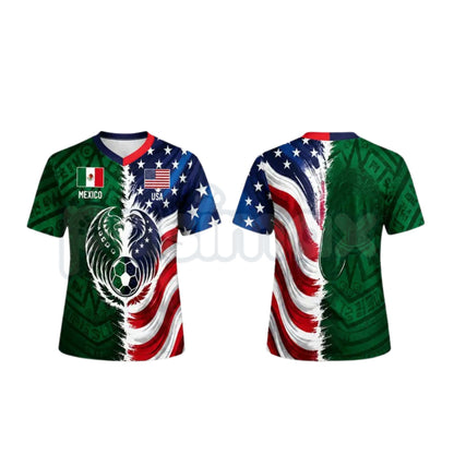 Split Half Mexico Green Tribal & US Stars Stripes Athletic V-Neck Shirt – Dual Heritage Soccer Jersey-Pasimax