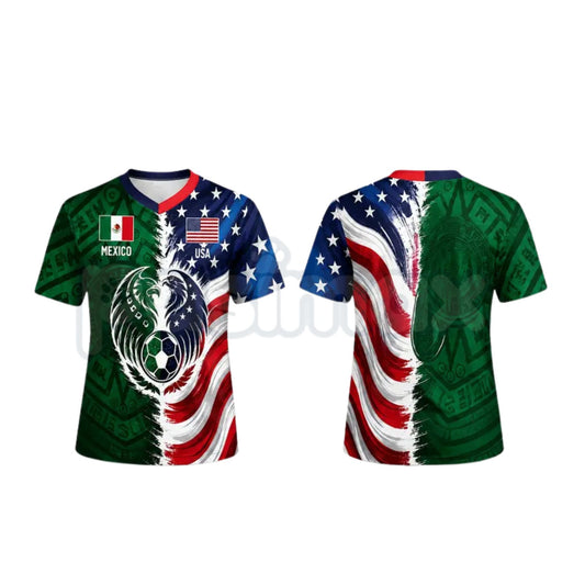 Split Half Mexico Green Tribal & US Stars Stripes Athletic V-Neck Shirt – Dual Heritage Soccer Jersey-Pasimax
