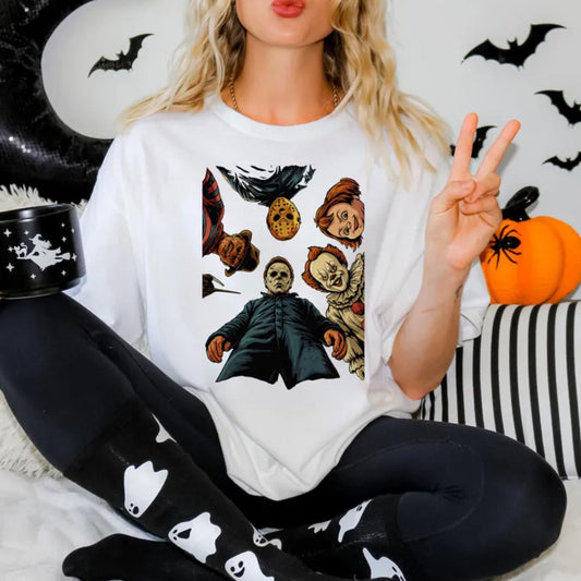 Spooky 90s Horror Movie Characters Shirt - Trendy Halloween Tee, Vintage Horror Apparel-Pasimax