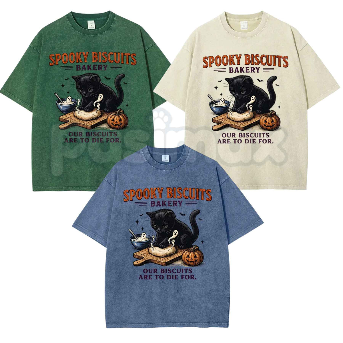 Spooky Biscuits Black Cat Halloween Graphic Washed Tee – Retro Feline Meme Shirt, Vintage Acid Wash Lightweight Cotton Unisex Streetwear Top-Pasimax