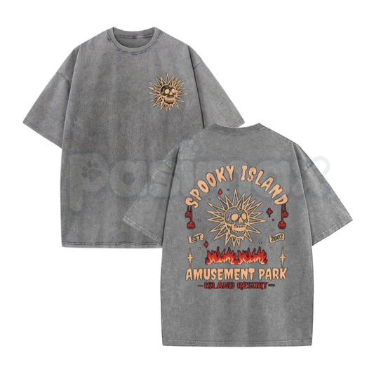 Spooky Island Acid Wash T-Shirt – Retro Y2K Mystery Amusement Park Graphic Tee, Vintage Mineral Wash Lightweight Cotton Unisex Streetwear Top-Pasimax