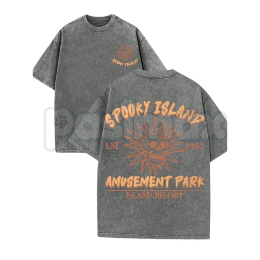 Spooky Island Ghost Amusement Park T-Shirt – Skull Vintage Washed Tee, Retro Haunted Holiday Lightweight Cotton Top, Weird Core Streetwear-Pasimax
