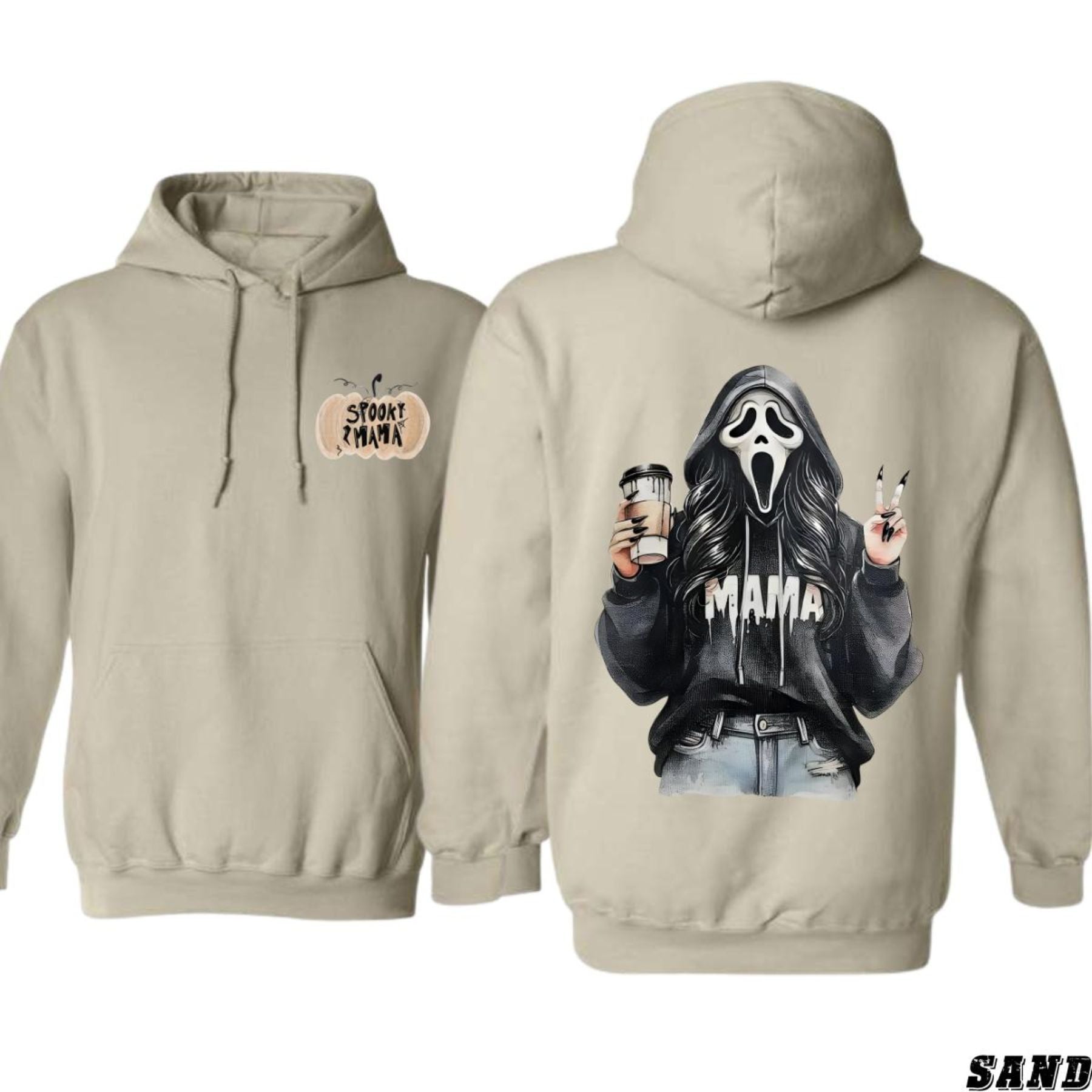Spooky Mama Coffee Ghost Hoodie – Cozy Unisex Pullover for Moms, Fun Halloween Design, Perfect for Fall, Pumpkin Patch & Trick or Treating-Pasimax