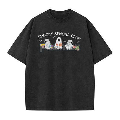 "Spooky Señora Club" Vintage Acid Wash T-Shirt – Unisex Graphic Shirt, Retro Vibe-Pasimax