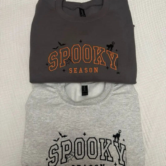 Spooky Season Halloween Cat Bats Spiderweb Embroidered Spooky Season Sweatshirt-Pasimax