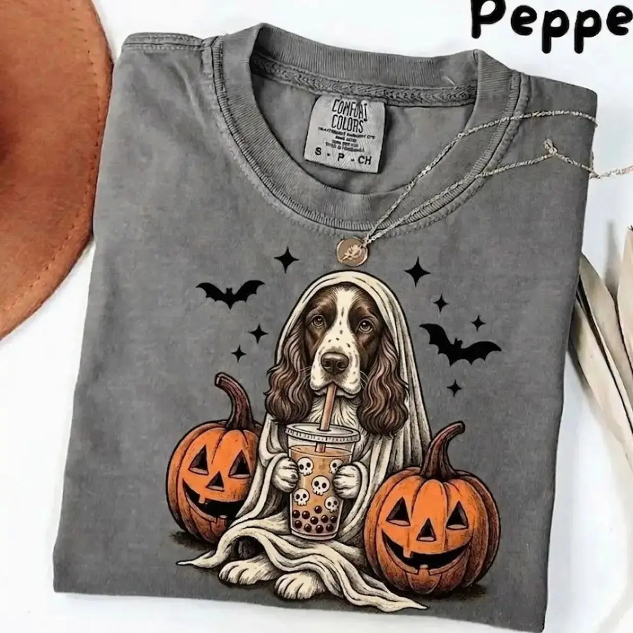 Comfort Colors® Pepper Dog Ghost & Boba Tea Halloween T-Shirt – Custom Dog Breeds Spooky Season Graphic Tee, Vintage Pet Lover Unisex Top