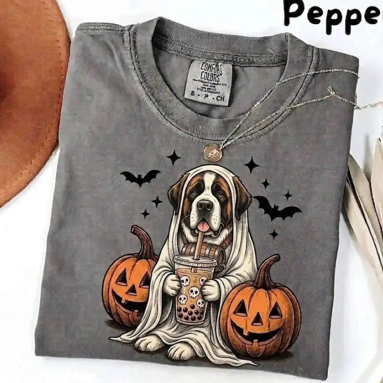 Comfort Colors® Pepper Dog Ghost & Boba Tea Halloween T-Shirt – Custom Dog Breeds Spooky Season Graphic Tee, Vintage Pet Lover Unisex Top