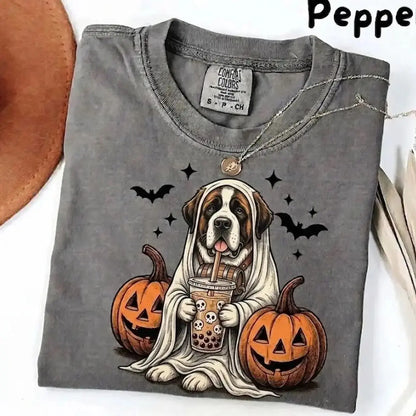 Comfort Colors® Pepper Dog Ghost & Boba Tea Halloween T-Shirt – Custom Dog Breeds Spooky Season Graphic Tee, Vintage Pet Lover Unisex Top