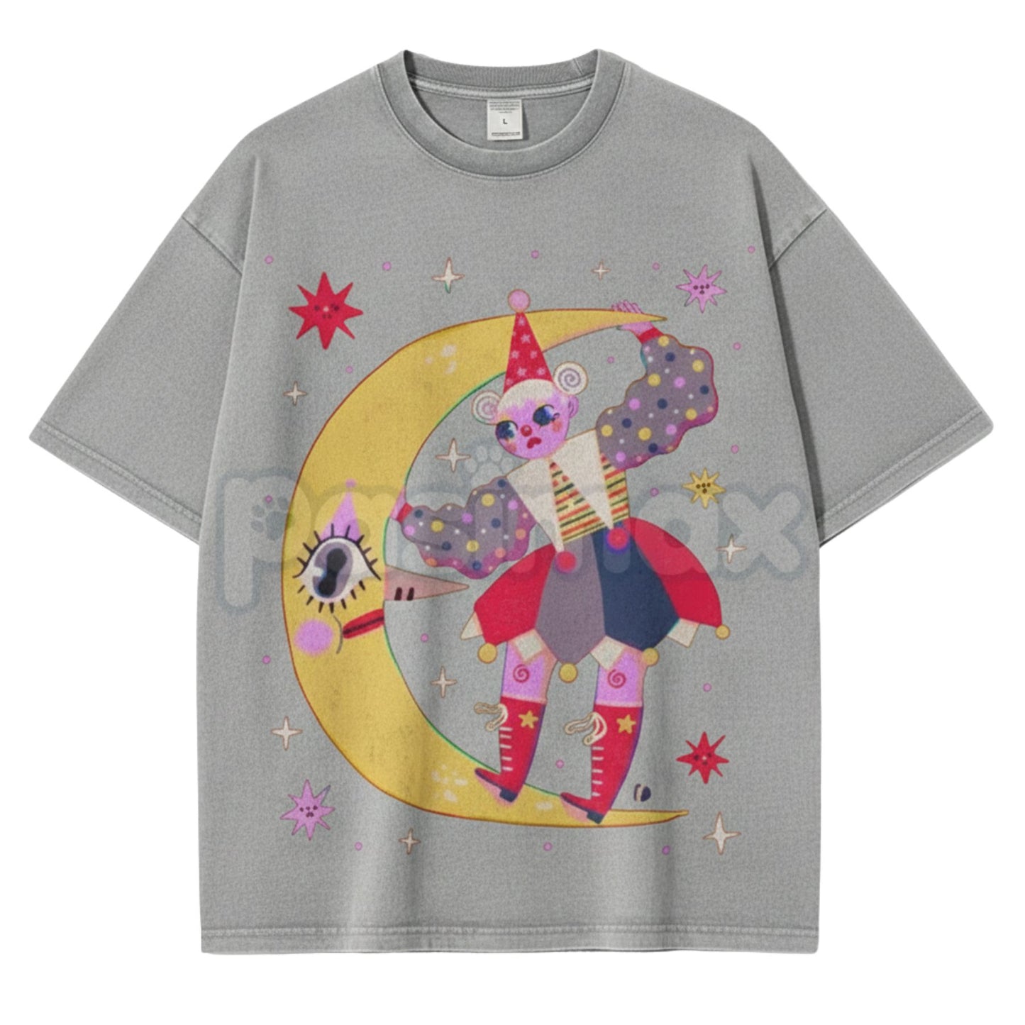 Star Clown Unisex Vintage Washed Tee – Retro Celestial Circus Graphic Streetwear T-Shirt-Pasimax
