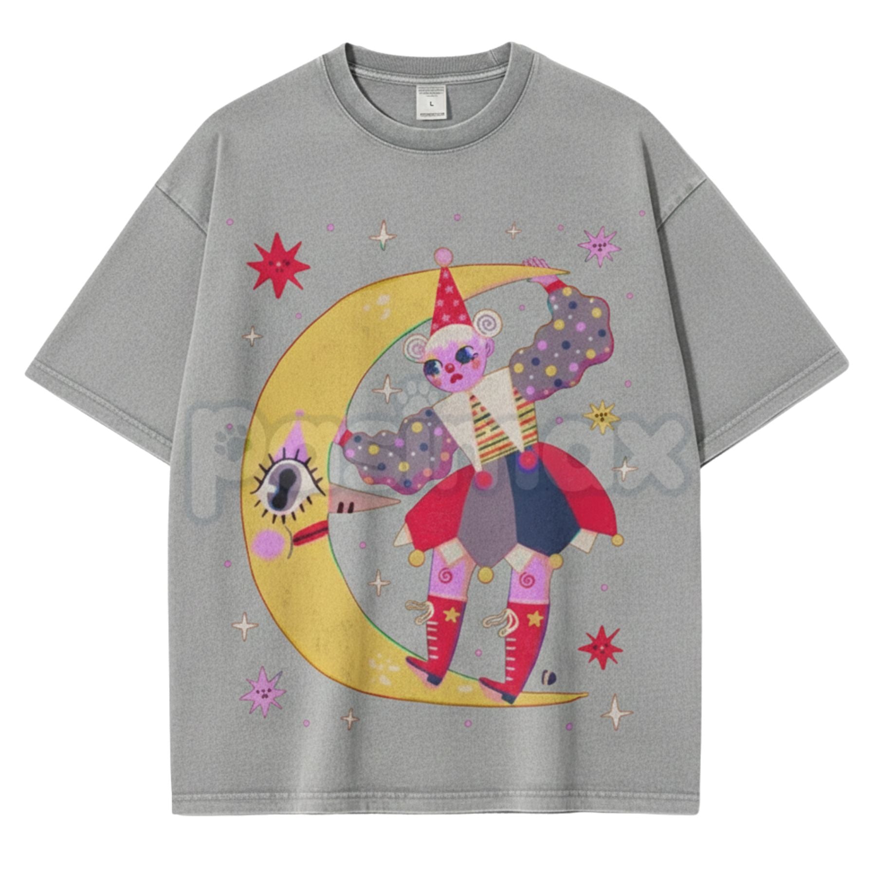 Star Clown Unisex Vintage Washed Tee – Retro Celestial Circus Graphic Streetwear T-Shirt-Pasimax