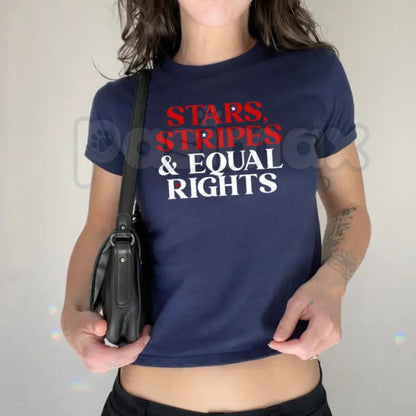 "Stars Stripes and Human Rights" Retro Baby Tee – Funny 90s Style 4th of July Social Justice Fitted Crop Graphic T-Shirt-Pasimax