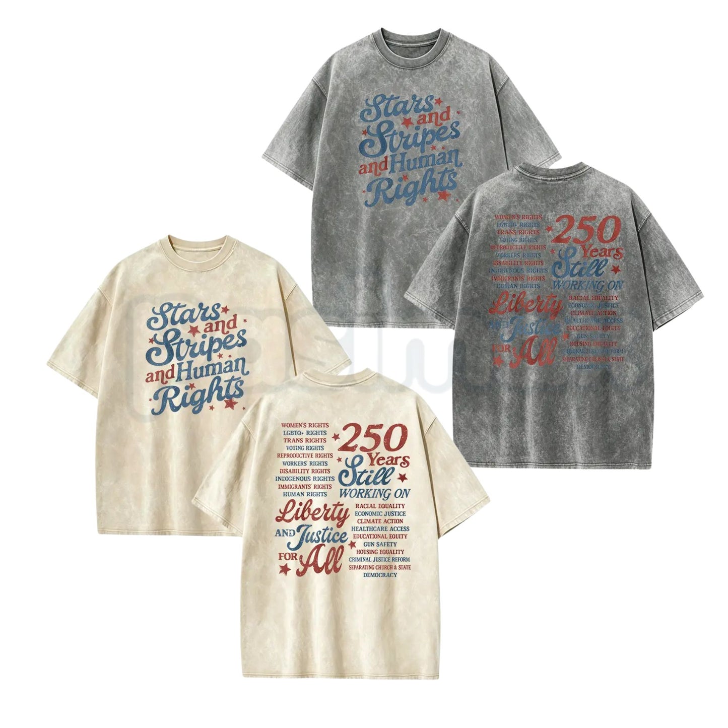 Stars and Stripes and Human Rights T-Shirt – 250 Years America Social Justice Graphic Tee, Vintage Washed Retro Patriotic Lightweight Cotton Top-Pasimax