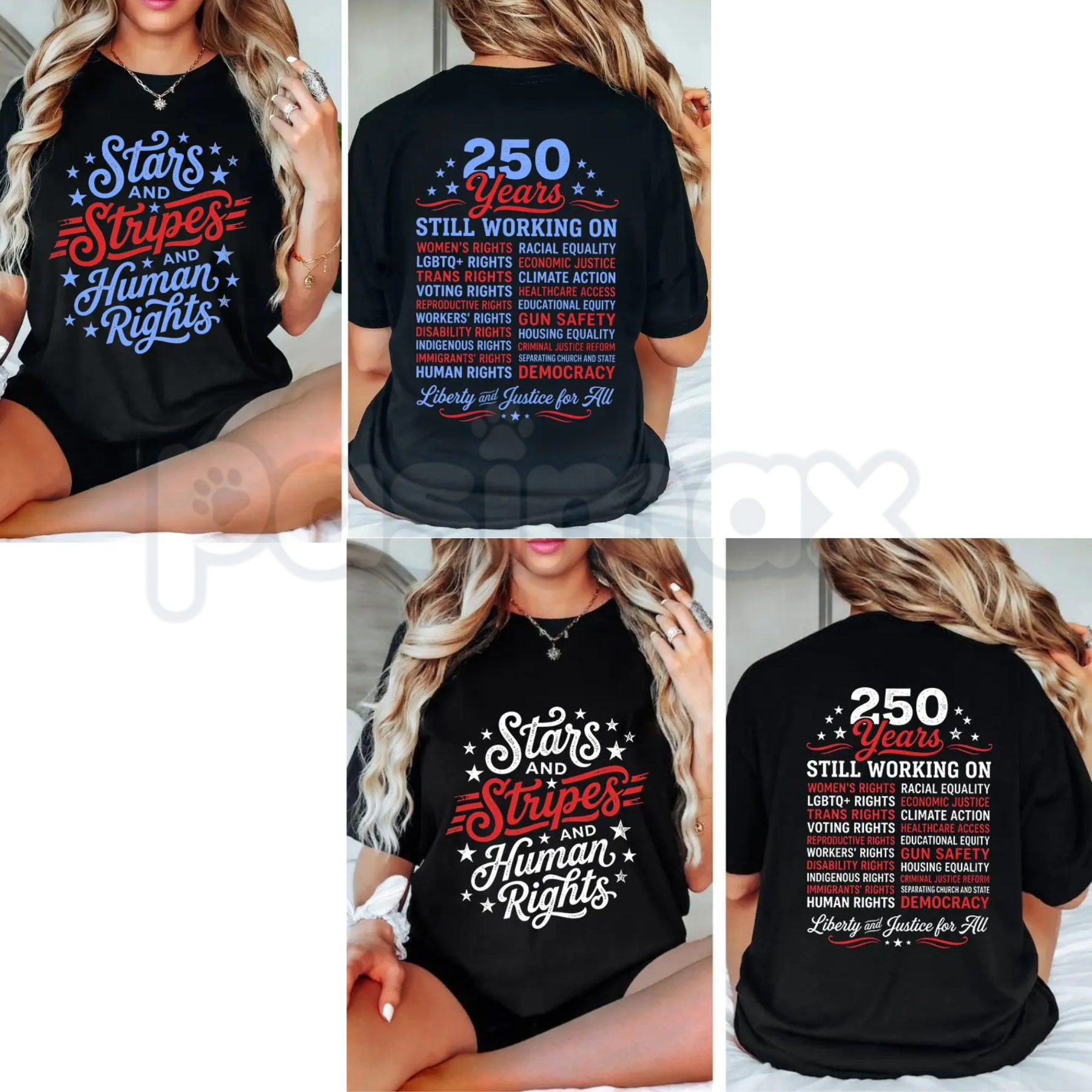 "Stars and Stripes and Human Rights" T-Shirt – America 250th Anniversary Social Justice Patriotic Graphic Tee-Pasimax