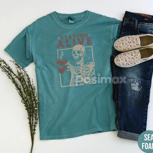 'Staying Alive' Coffee Shirt – Skeleton Retro T-shirt, Funny Coffee Lovers Gift, Daily Grind Tee, Women's Comfort Colors Apparel-Pasimax