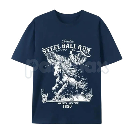 Steel Ball Run "SBR" Horse Racing American Flag T-Shirt – Retro Anime Manga Graphic Tee, Premium 100% Cotton JoJo Fan Top, Soft Lived-In Heavyweight Western Aesthetic Shirt, Made in USA-Pasimax