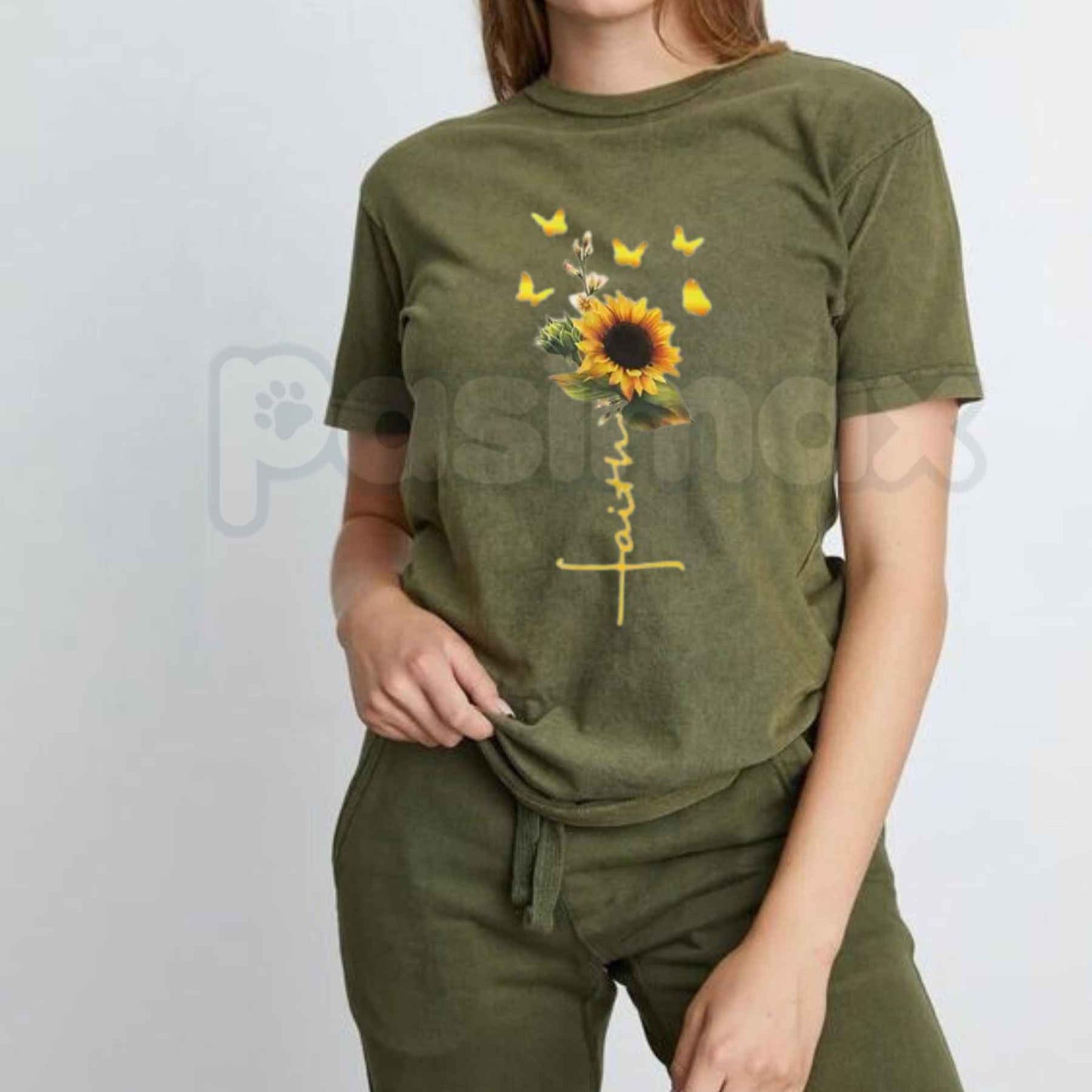 Sunflower Faith Cross T-Shirt – Yellow Butterflies Christian Unisex Cotton Graphic Tee-Pasimax
