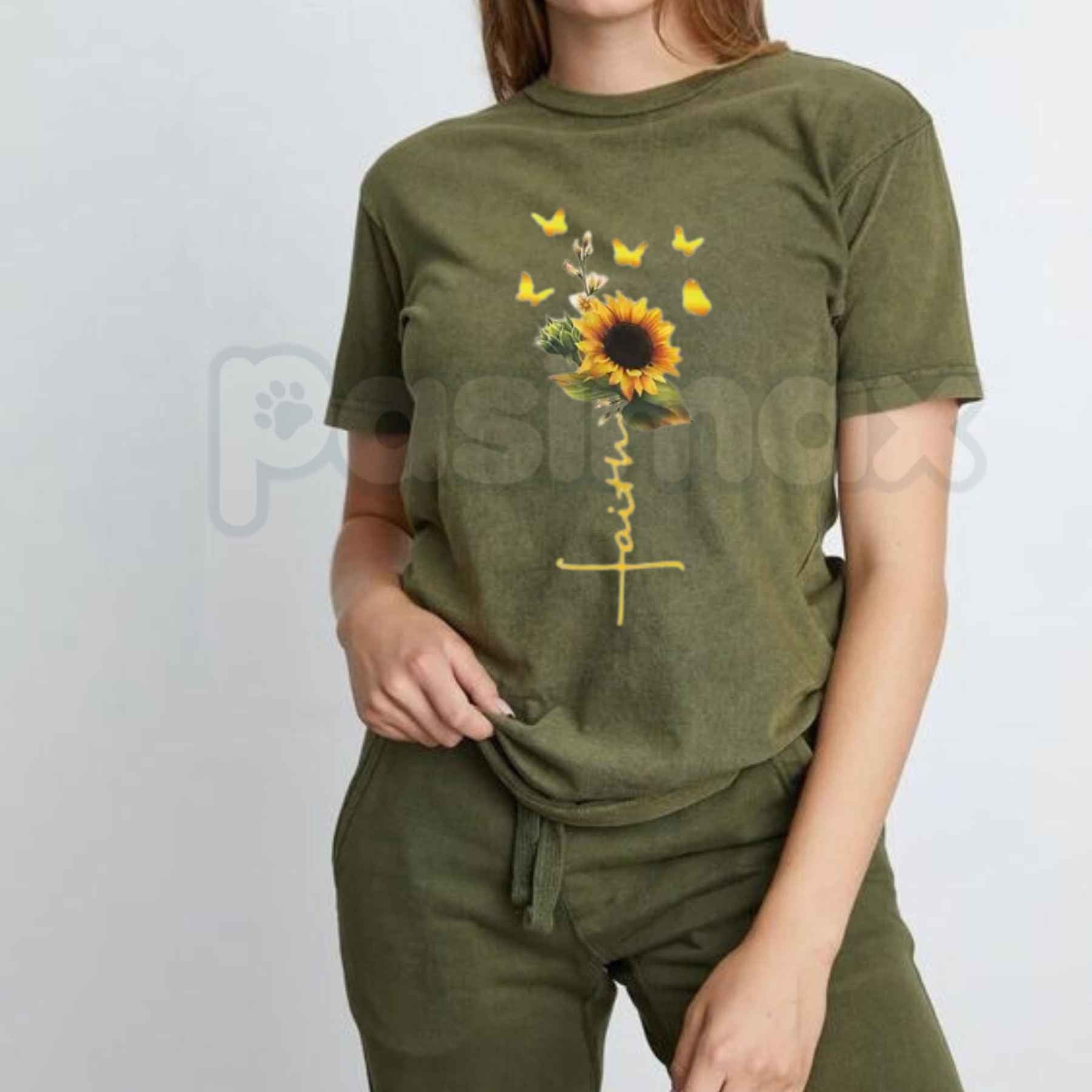 Sunflower Faith Cross T-Shirt – Yellow Butterflies Christian Unisex Cotton Graphic Tee-Pasimax