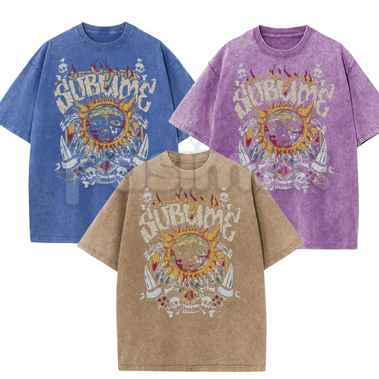 Sunland Oversized Sun Pattern T-Shirt – Acid Washed Unisex Celestial Graphic Tee, Lightweight Retro Cotton Streetwear Top-Pasimax