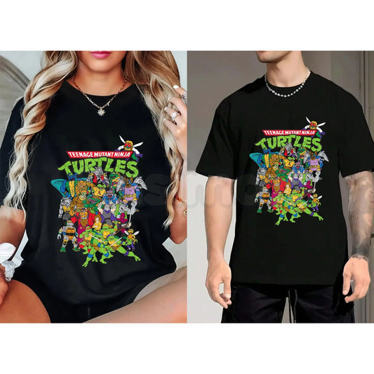 TMNT "Large Character Group" T-Shirt – Classic Teenage Mutant Ninja Turtles Graphic Tee, Premium 100% Cotton Retro 80s Cartoon Top, Soft Lived-In Heavyweight Ninja Turtle Shirt, Made in USA-Pasimax