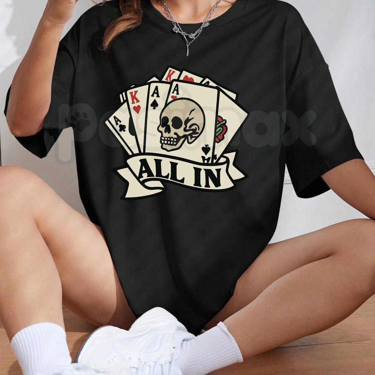Tattoo All In Poker Skull T-Shirt – Vintage Gambling Skeleton Card Player Graphic Tee-Pasimax