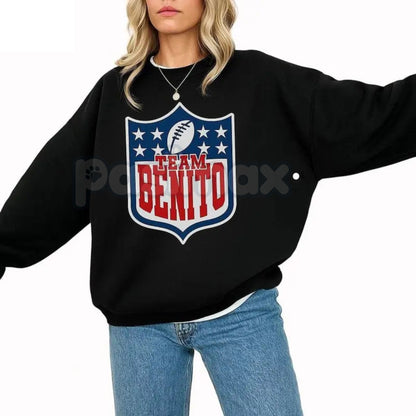 Team Benito Sweatshirt | Retro Football Shield Graphic Crewneck | Bad Bunny Fan Apparel | Aesthetic Reggaeton Jumper | Vintage Varsity Sports Pullover | Puerto Rico Music Fan Gift-Pasimax