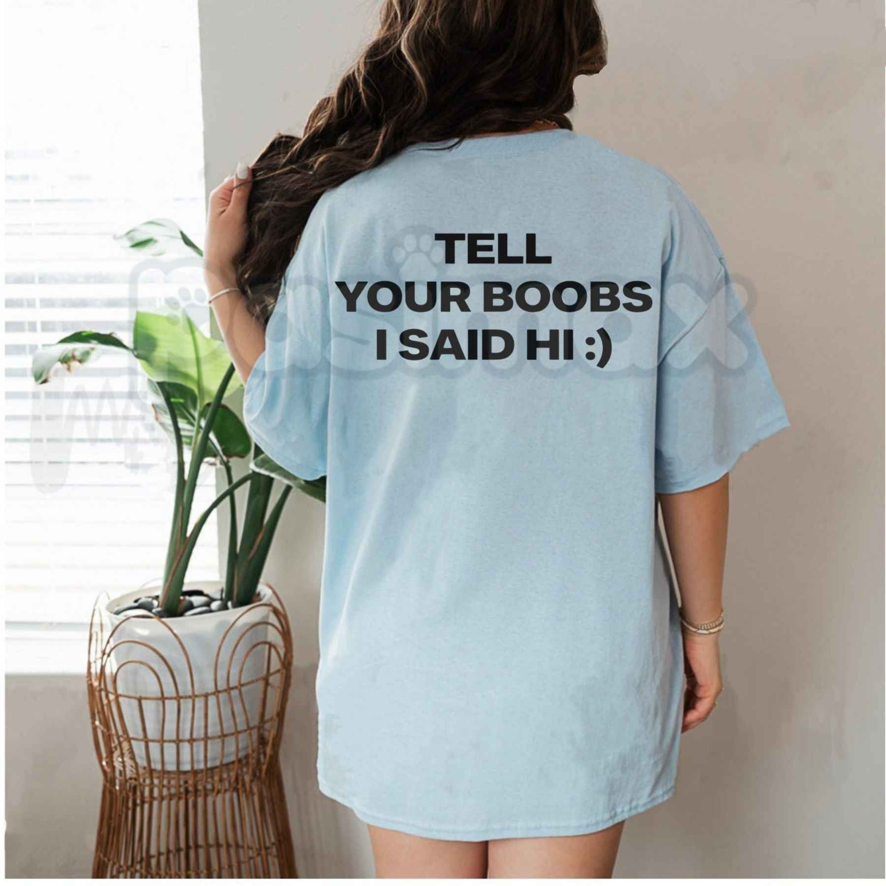 Tell Your Boobs I Said Hi T-Shirt – Funny Sarcastic Pickup Line Tee, Hilarious Adult Humor College Party Unisex Graphic Shirt-Pasimax