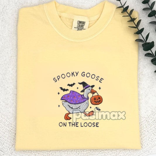 The Ghostly Goose Embroidered Comfort Colors® T-Shirt – Quirky Halloween Goose Tee-Pasimax