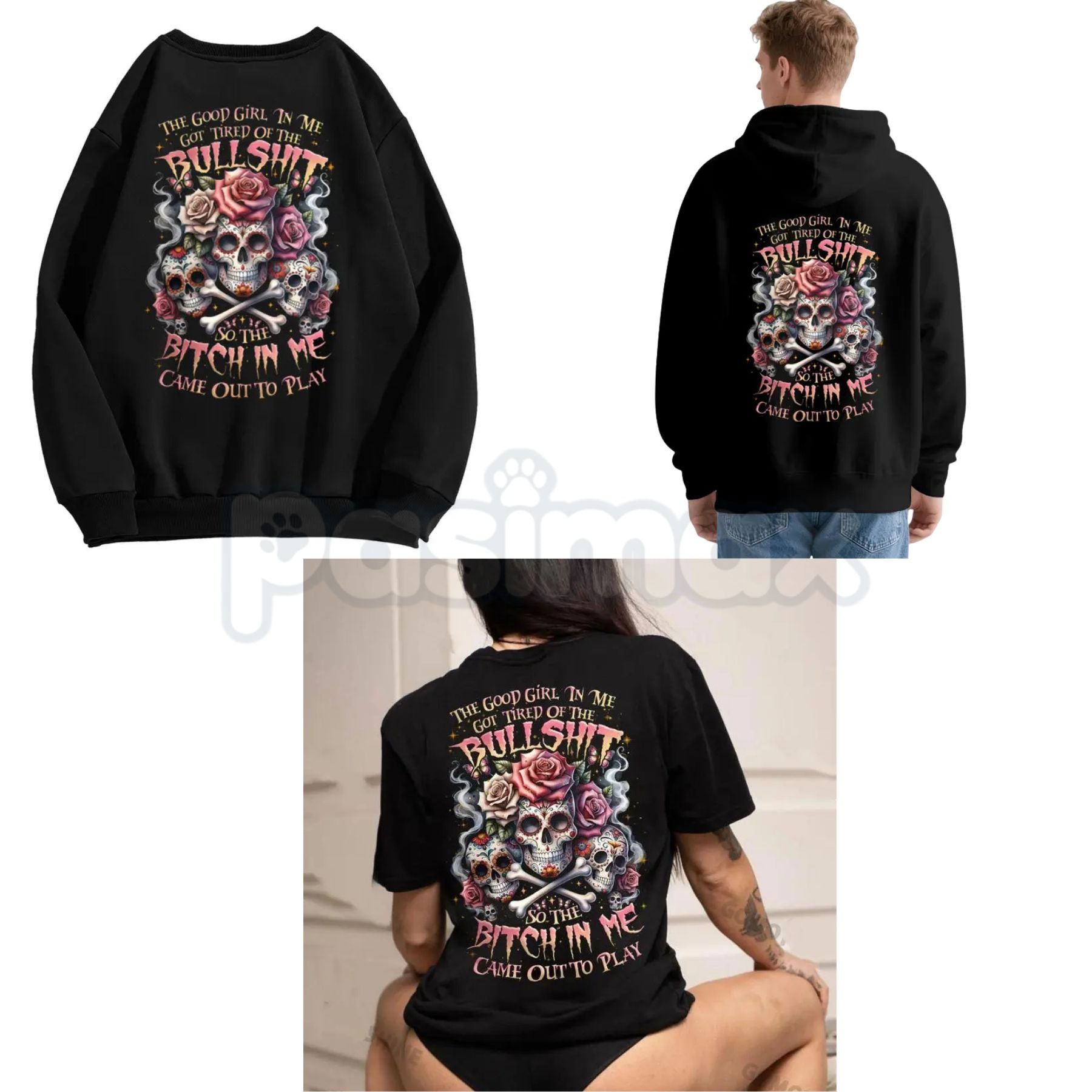 The Good Girl In Me Got Tired – Lady's Skull Graphic Hoodie, Edgy Sweatshirt & Vintage T-Shirt-Pasimax
