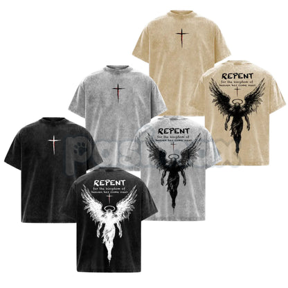 The Kingdom Mandate: Repent Vintage Washed Tee – Heavy Cotton Christian Streetwear, Gospel Angel Wings Shirt-Pasimax