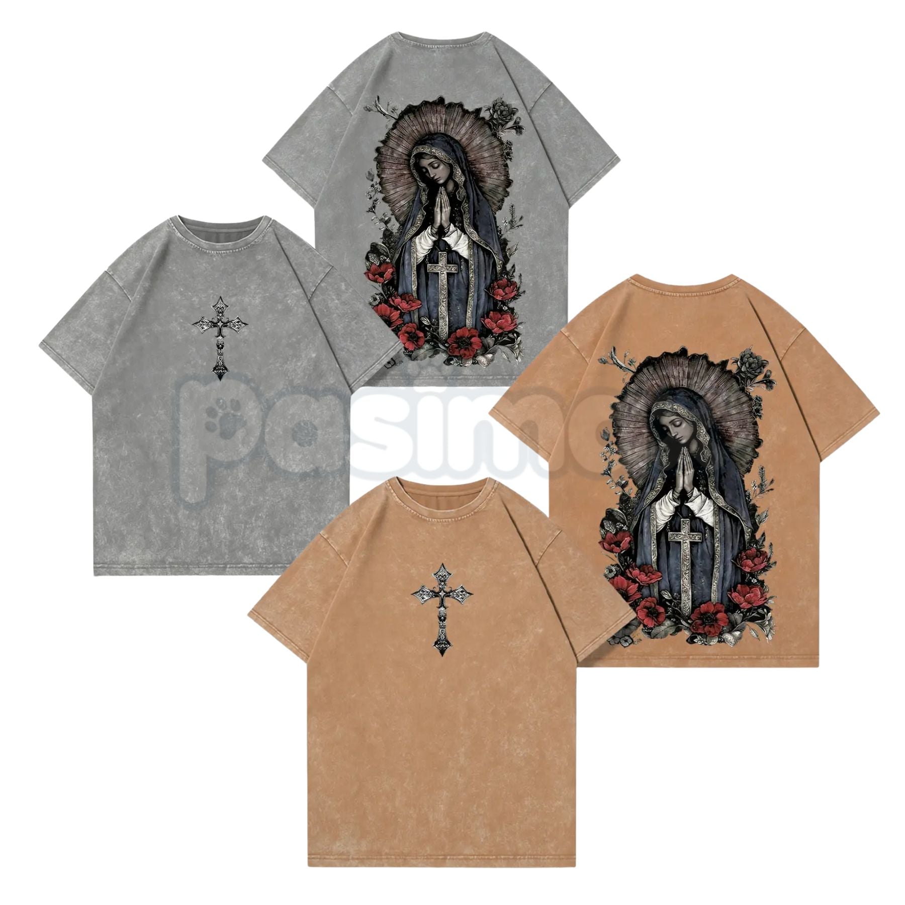 The Madonna Sanctuary: Virgin Mary Washed Tee – Heavy Cotton Gothic Streetwear, Sacred Art Graphic T-Shirt-Pasimax