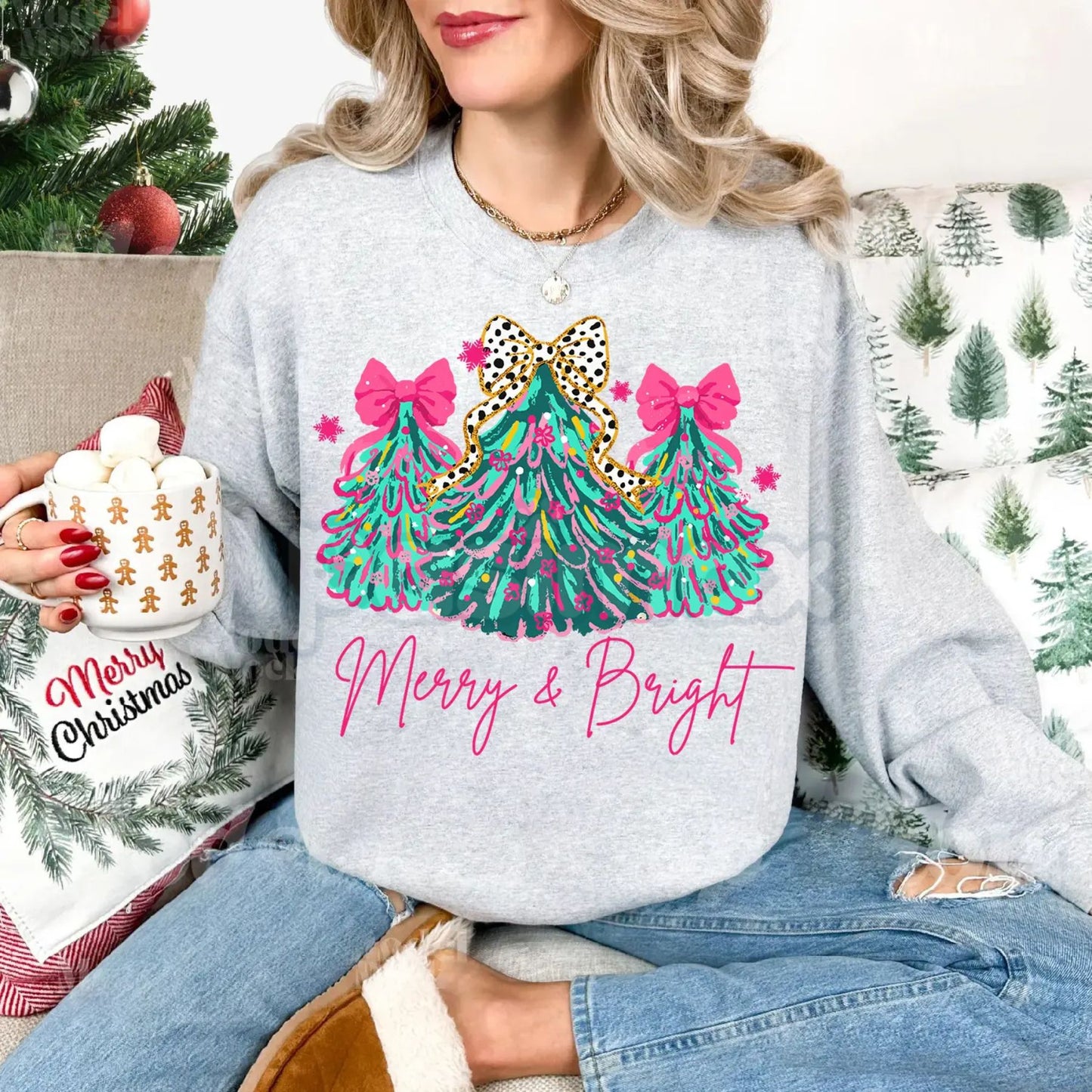 The Pink Christmas Aesthetic: "Merry & Bright" Tree Sweatshirt with Festive Lights & Bows-Pasimax
