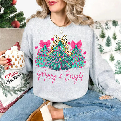 The Pink Christmas Aesthetic: "Merry & Bright" Tree Sweatshirt with Festive Lights & Bows-Pasimax