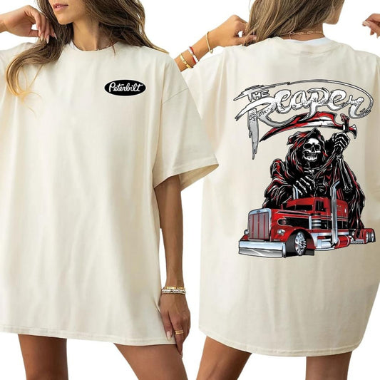 The Reaper Peterbilt Truck T-Shirt - Two-Sided Red Skull Graphic, Patriotic USA Trucker Tee-Pasimax