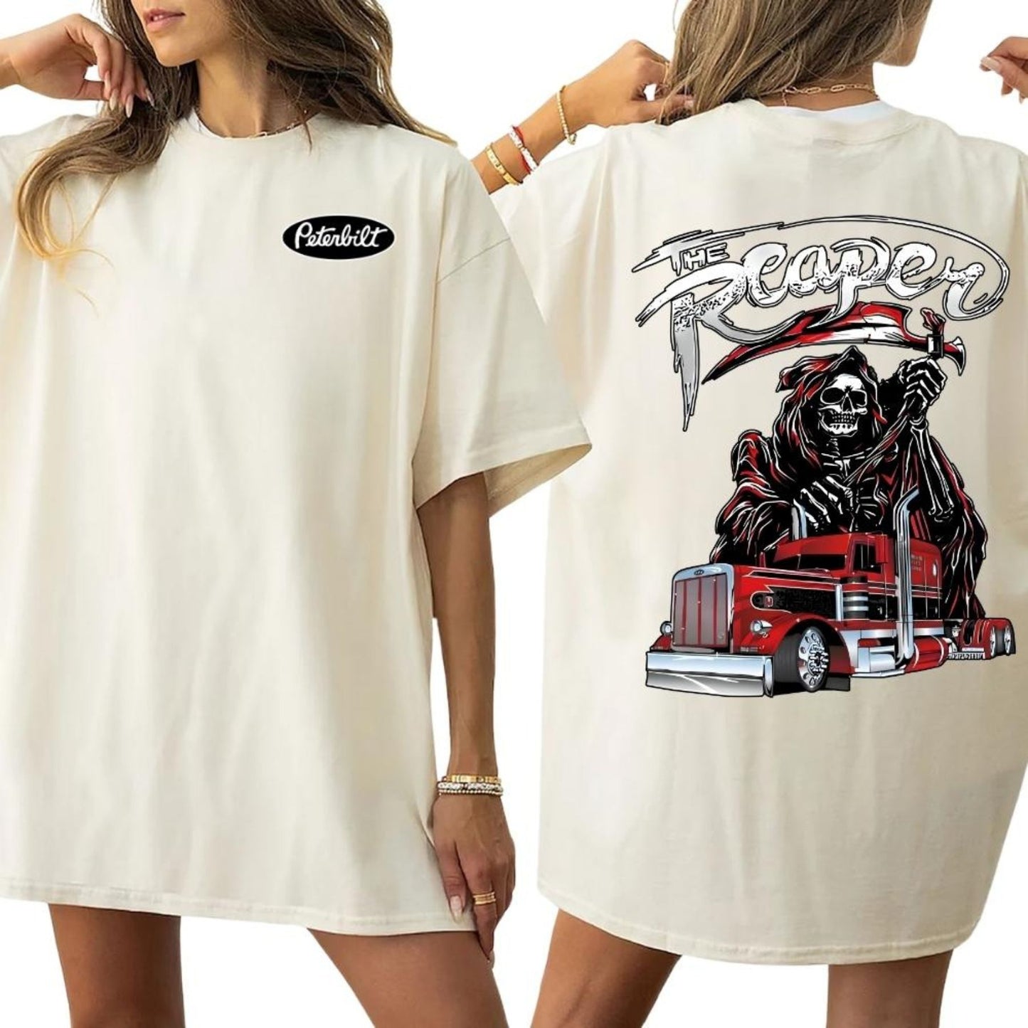 The Reaper Peterbilt Truck T-Shirt - Two-Sided Red Skull Graphic, Patriotic USA Trucker Tee-Pasimax