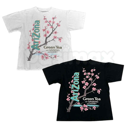 The Vintage Arizona Green Tea Cherry Blossom Shirt – Retro Y2K Aesthetic Graphic Tee, Pastel 90s Sakura Mint Unisex Classic Cotton Shirt-Pasimax